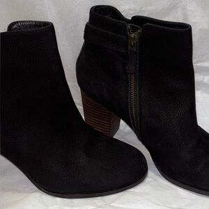 Modern Boho Cole Haan Black Suede Ankle Boots, 3 inch Stacked Heel, size 6 1/2 B